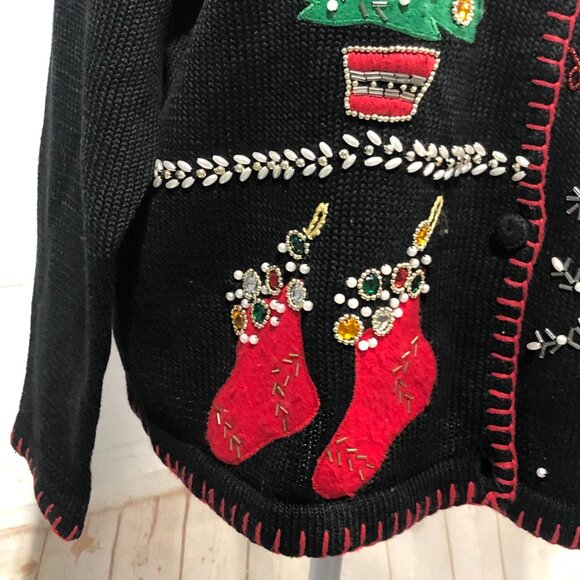 Victoria Jones Embroidered Christmas Cardigan Black Beaded Embellishments Size L - Picture 6 of 15